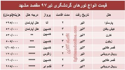 قیمت تور مشهد در تیر۹۷ +جدول